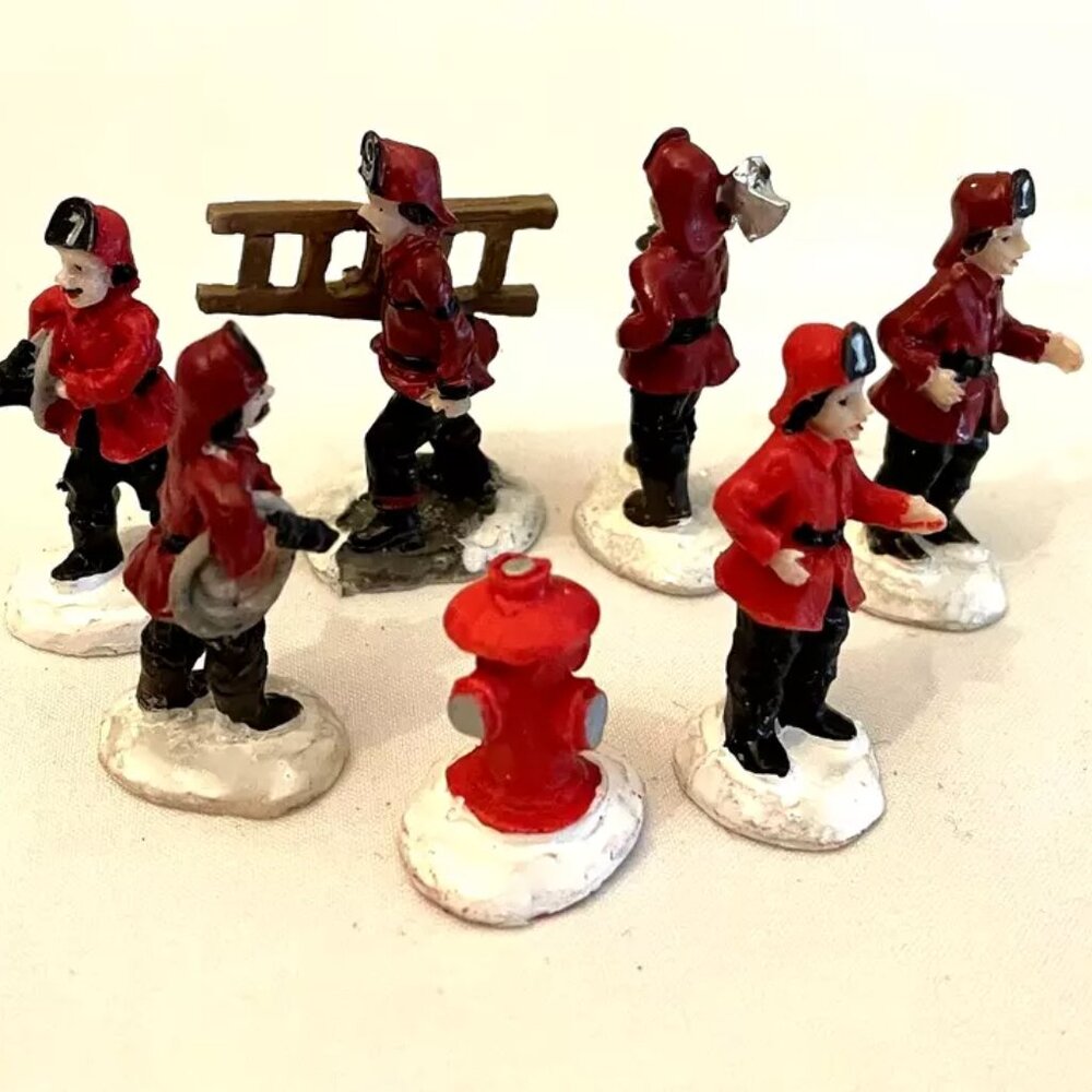 7 Firemen Figures Christmas Village Vintage Miniature 1" Tall  to 1 3/4" Tall